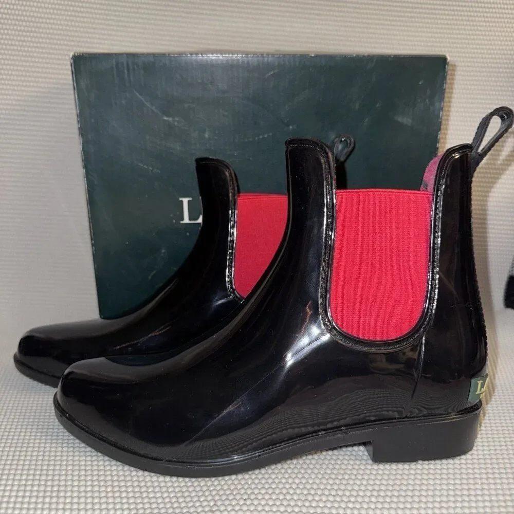 Lauren Ralph Lauren Tally Bo Rubber PVC Ankle Rain Chelsea Boots Black Size 8B